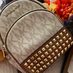 Michael Kors Cream and Brown Backpack with Gold Studs